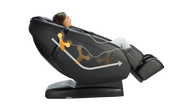 A woman reclines in the Daiwa Supreme Hybrid Massage Chair by Daiwa, featuring an L-shaped massage track, illustrated arrows, and circular joints highlighting its adjustable ergonomic support and motion features.