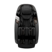 The Daiwa Supreme Hybrid Massage Chair by Daiwa is shown from a top-down view, featuring a black modern design with padded arm, leg, and foot rests, side control panels, an L-shaped massage track, and a quilted headrest.
