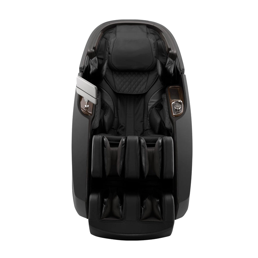 The Daiwa Supreme Hybrid Massage Chair by Daiwa is shown from a top-down view, featuring a black modern design with padded arm, leg, and foot rests, side control panels, an L-shaped massage track, and a quilted headrest.