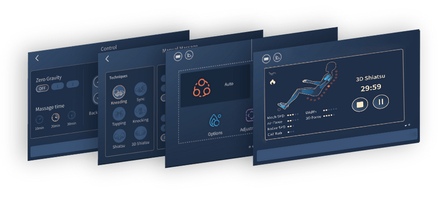 Four overlapping digital panels display settings on the Daiwa Supreme Hybrid Massage Chair, showing options for zero gravity, massage time, techniques, and a timer for 3D Shiatsu massage with a body outline on the L-shaped track.