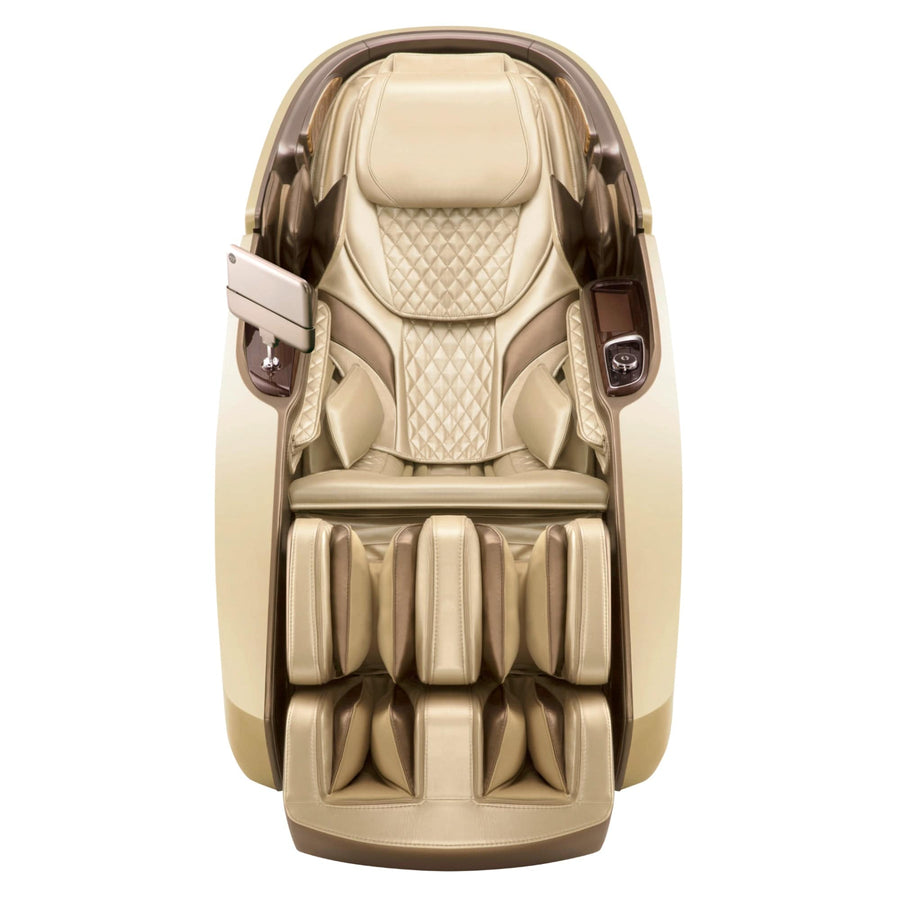 The Daiwa Supreme Hybrid Massage Chair by Daiwa features a beige finish, L-shaped massage track, quilted cushioning, padded arm and leg sections, and built-in armrest controls for total body relaxation and comfort.