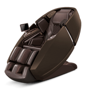 The Daiwa Supreme Hybrid Massage Chair by Daiwa is a modern dark brown recliner with an L-shaped massage track, padded seats, armrests, leg supports, and a built-in touchscreen control panel on the left armrest, set against a plain white background.