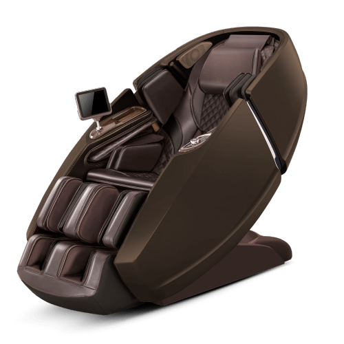 The Daiwa Supreme Hybrid Massage Chair by Daiwa is a modern dark brown recliner with an L-shaped massage track, padded seats, armrests, leg supports, and a built-in touchscreen control panel on the left armrest, set against a plain white background.
