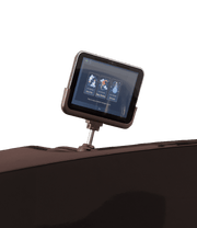 A Daiwa Supreme Hybrid Massage Chair by Daiwa, featuring an L-shaped massage track, displays three tarot cards on a tablet mounted to its stand, set against a plain white background.