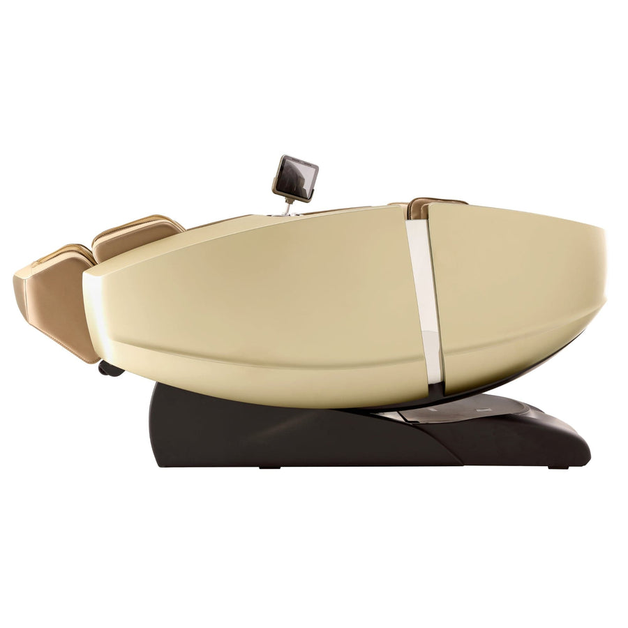 The Daiwa Supreme Hybrid Massage Chair by Daiwa is shown fully reclined in beige with a black base, featuring an L-shaped massage track and an attached control panel, against a white background.