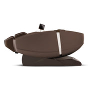 The Daiwa Supreme Hybrid Massage Chair by Daiwa is a modern brown recliner with a built-in headrest, leg support, an L-track massage system, and a small monitor, shown fully reclined for ultimate comfort.