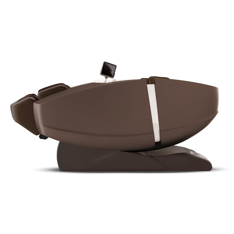 The Daiwa Supreme Hybrid Massage Chair by Daiwa is a modern brown recliner with a built-in headrest, leg support, an L-track massage system, and a small monitor, shown fully reclined for ultimate comfort.
