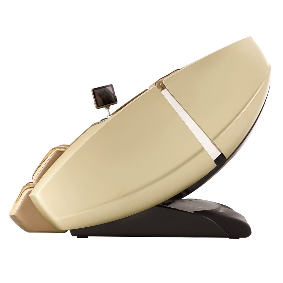 The Daiwa Supreme Hybrid Massage Chair by Daiwa features a white surface and an L-shaped track, delivering a relaxing full-body massage experience.