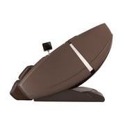 The Daiwa Supreme Hybrid Massage Chair by Daiwa is shown reclined, featuring a modern brown design, an L-shaped massage track, a built-in touchscreen on the left armrest, and a sleek curved frame on a sturdy base.