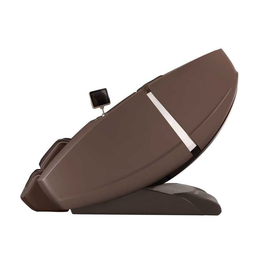 The Daiwa Supreme Hybrid Massage Chair by Daiwa is shown reclined, featuring a modern brown design, an L-shaped massage track, a built-in touchscreen on the left armrest, and a sleek curved frame on a sturdy base.