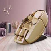 The Daiwa Supreme Hybrid Massage Chair by Daiwa shines in a modern pastel living room with wooden floors, purple pillows, a gray sofa, tall dried grass decor, and pendant lights suspended from the ceiling.