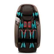 The Daiwa Supreme Hybrid Massage Chair by Daiwa features black and brown upholstery, illuminated red panels, and blue air cushions on the back, arms, and legs with an L-shaped massage track for full-body relaxation.