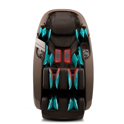 The Daiwa Supreme Hybrid Massage Chair by Daiwa features black and brown upholstery, illuminated red panels, and blue air cushions on the back, arms, and legs with an L-shaped massage track for full-body relaxation.