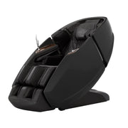 The Daiwa Supreme Hybrid Massage Chair by Daiwa is a modern black chair with a sleek enclosed design, padded seating, L-shaped massage track, footrests, armrests, and a built-in wooden tray for a luxurious ergonomic experience.