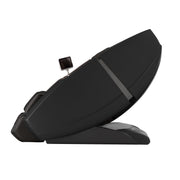 The Daiwa Supreme Hybrid Massage Chair by Daiwa is shown reclined in side profile on a white background, featuring a modern black design, L-shaped massage track, and a small control screen attached to one side.