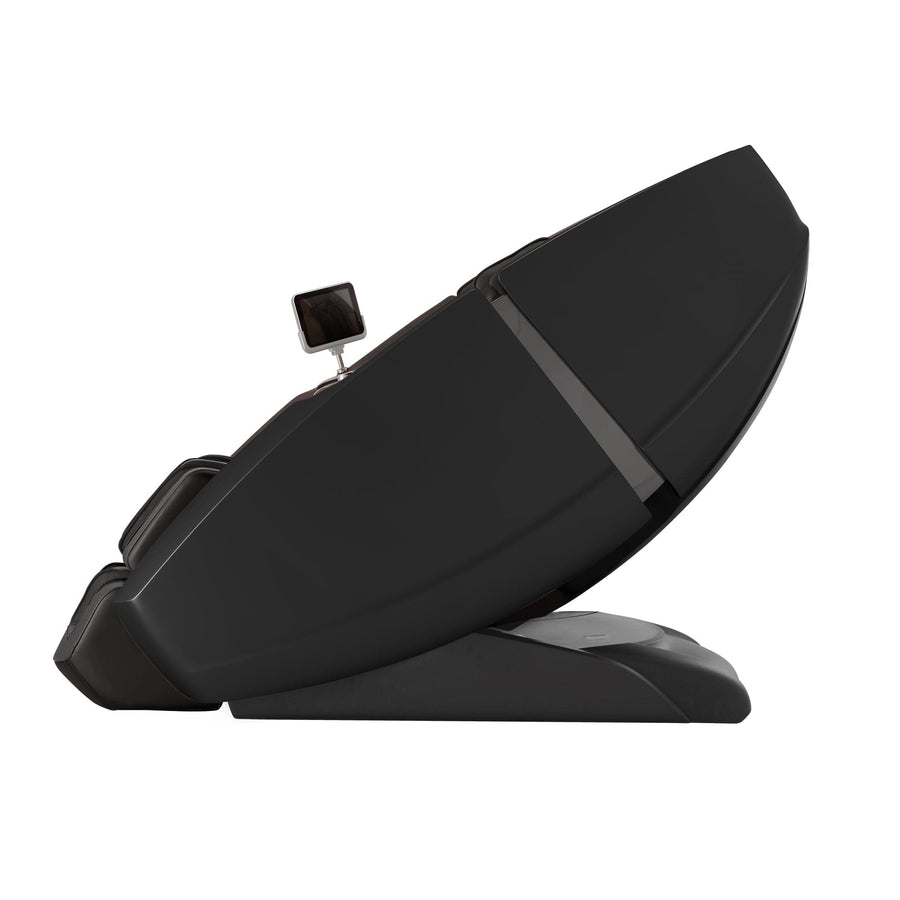 The Daiwa Supreme Hybrid Massage Chair by Daiwa is shown reclined in side profile on a white background, featuring a modern black design, L-shaped massage track, and a small control screen attached to one side.