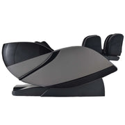 A modern Kyota Kansha M878 Massage Chair by Kyota, shown in black and gray from the side, reclined to highlight its curved design and plush padding.
