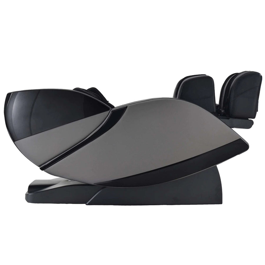 A modern Kyota Kansha M878 Massage Chair by Kyota, shown in black and gray from the side, reclined to highlight its curved design and plush padding.