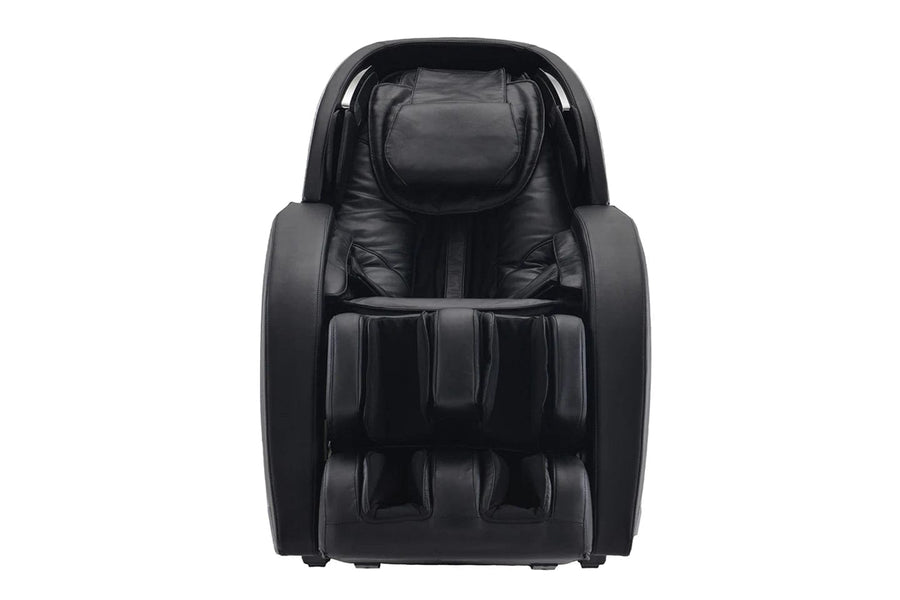 A black Kyota Kansha M878 Massage Chair by Kyota is shown from the front against a white background. This stylish 4D massage chair features padded arm, leg, and headrests, offering full-body relaxation.