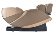 The Kyota Kansha M878 Massage Chair by Kyota, shown fully reclined on a black base against a white background, features a modern beige and gold design with advanced 4D massage technology.