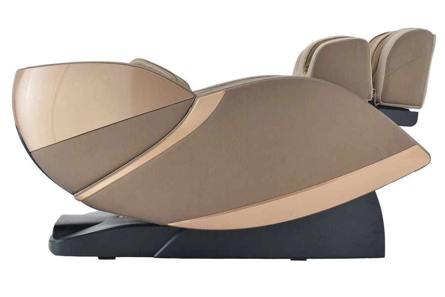 The Kyota Kansha M878 Massage Chair by Kyota, shown fully reclined on a black base against a white background, features a modern beige and gold design with advanced 4D massage technology.