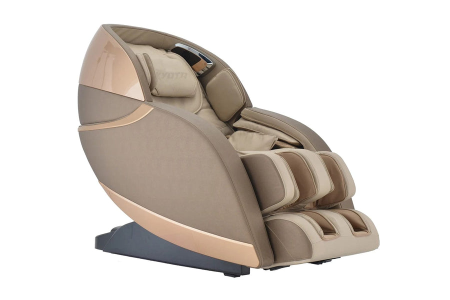 The Kyota Kansha M878 Massage Chair by Kyota features a modern beige and gold design with padded sections for back, legs, and feet. This 4D massage chair combines advanced comfort with sleek, futuristic style, shown against a white background.