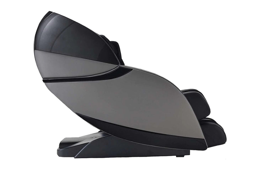 The Kyota Kansha M878 Massage Chair by Kyota features a sleek, curved black and gray design in a reclined position. This advanced 4D chair delivers an immersive, full-body relaxation experience, shown against a white background.