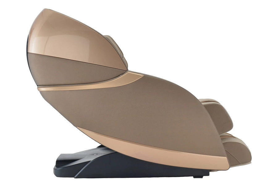 The Kyota Kansha M878 Massage Chair by Kyota features a modern tan and gold finish, sleek curved profile, and sturdy black base. Shown in profile against a white background, this 4D massage chair blends style and advanced comfort.