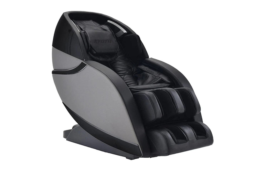 The Kyota Kansha M878 Massage Chair by Kyota features a modern black and gray design with sleek curves, padded seating, and built-in leg and foot support, displayed against a white background.