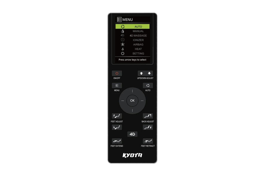 A black Kyota Kansha M878 Massage Chair remote features a screen showing options like AUTO, MANUAL, 4D MASSAGE, IONIZER, AIRBAG, HEAT, and SETTING, with easy-access control buttons below for user convenience. Brand: Kyota.
