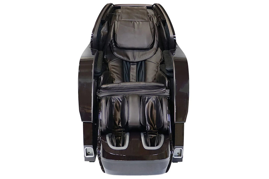 A front and slightly elevated view of the Kyota Yosei M868 4D Massage Chair by Kyota in black, showcasing padded armrests, leg supports, and foot massage features against a white background.