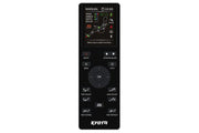 The Kyota Yosei M868 4D Massage Chair features a black Kyota remote control with a display showing speed, area, lumbar heat, 3D and roller settings, plus multiple adjustment buttons below the screen.