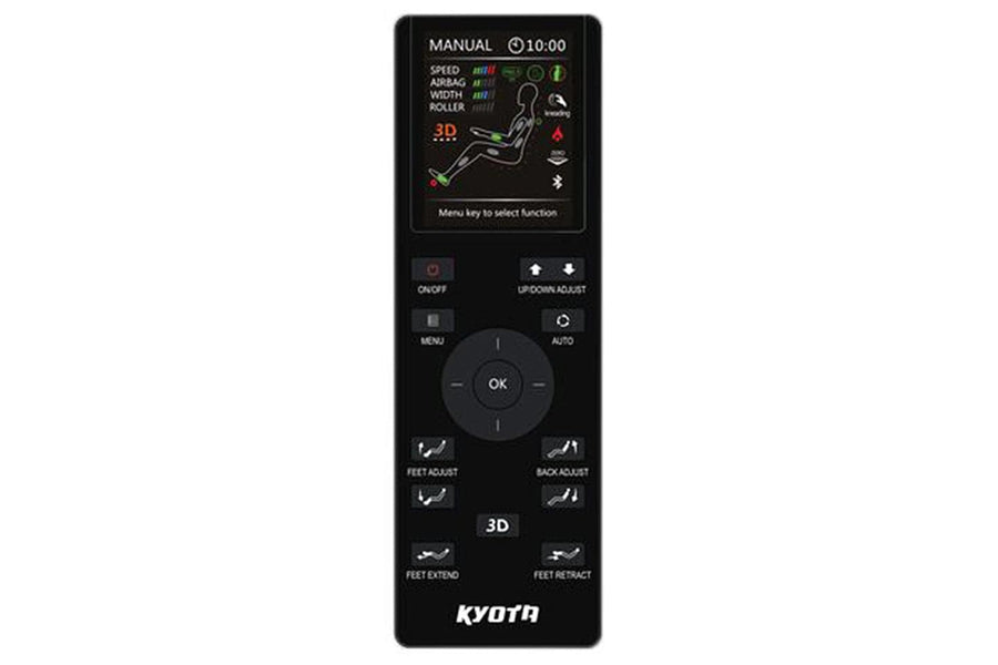 A black Kyota remote for the Kyota Yosei M868 4D Massage Chair features a display with massage settings, body diagram, and buttons for power, adjustments, 3D/foot massage modes, auto mode, and directional controls.