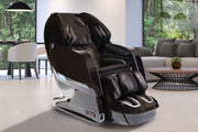 The Kyota Yosei M868 4D Massage Chair by Kyota, in sleek black, sits in a spacious living room with large windows and modern décor. Soothing lumbar heat enhances the relaxing, stylish ambiance.