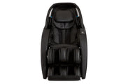 A black Kyota Yutaka M898 Massage Chair by Kyota, featuring padded armrests, a quilted backrest, and separate cushioned leg and foot sections for therapeutic massage, is shown from the front against a white background.