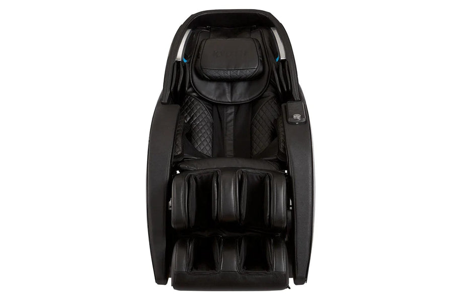 A black Kyota Yutaka M898 Massage Chair by Kyota, featuring padded armrests, a quilted backrest, and separate cushioned leg and foot sections for therapeutic massage, is shown from the front against a white background.