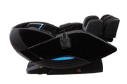 The Kyota Yutaka M898 Massage Chair by Kyota, in black with blue accent lights, features an ergonomic design, adjustable leg and back sections, and a side remote control, shown reclined against a white background for therapeutic massage.