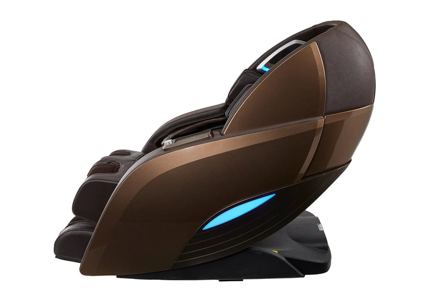 The Kyota Yutaka M898 Massage Chair by Kyota features a modern brown and black design with blue accent lighting, shown reclined on a white background, and is crafted to provide a soothing therapeutic massage experience.
