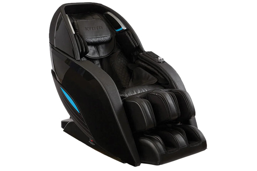 The Kyota Yutaka M898 Massage Chair by Kyota features modern black design, padded seating, footrests, and blue accent lights for full-body relaxation and therapeutic comfort.