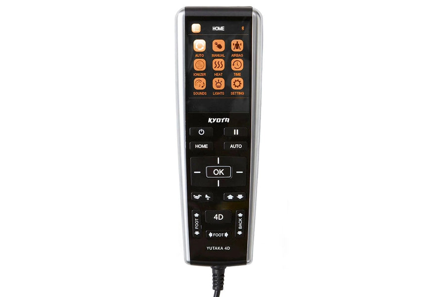 The Kyota Yutaka M898 Massage Chair comes with a 4D remote featuring buttons for directional arrows, OK, home, auto, and illuminated icons for settings like heat, timer, lights, and therapeutic massage modes.