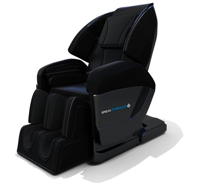 The Medical Breakthrough 6 Massage Chair by Medical Breakthrough is black with a modern, ergonomic design. It has padded arm, leg, and foot rests, shoulder massagers, hip twist features, and sits on a flat base.