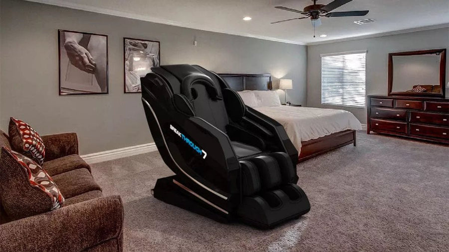 Medical Breakthrough 7 massage chair in a bedroom, designed to improve posture, reduce pain, and aid sleep with advanced massage systems.