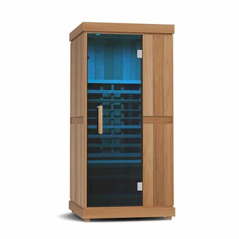 The Finnmark FD-1 Full-Spectrum Infrared Sauna by Finnmark is a sleek 1-person sauna with a glass door, interior lighting, and horizontal benches, offering comfort and full-spectrum benefits in a stylish wooden design.