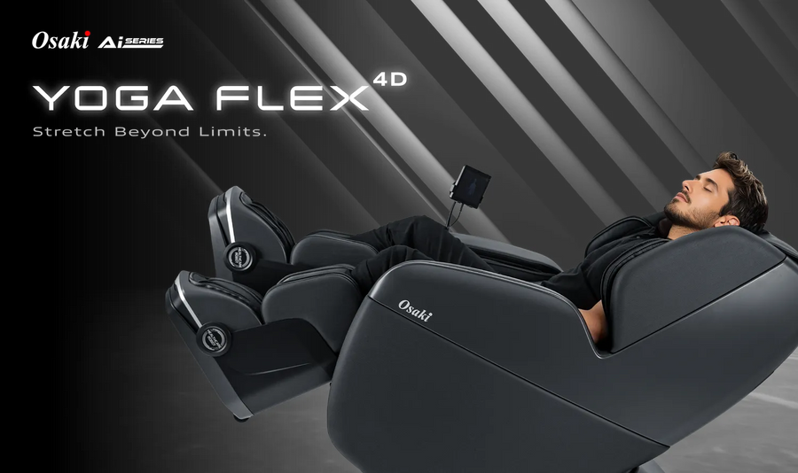 A man relaxes in a black Osaki 4D YogaFlex Massage Chair, eyes closed as he enjoys full-body relief from the SL-Track 4D mechanism. "YOGA FLEX 4D, Stretch Beyond Limits" appears on the gray background.