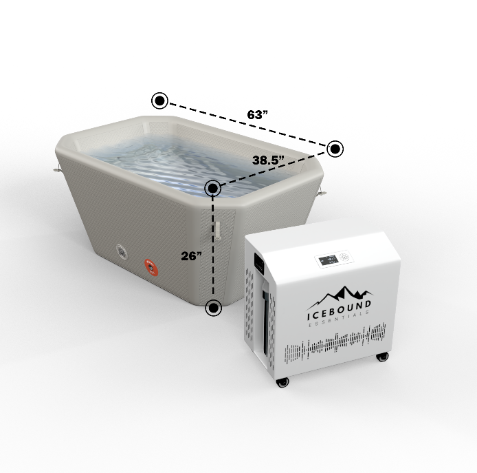 The Icebound Essentials Endurance Plunge + Chiller is a 63" x 38.5" x 26" square inflatable cold therapy tub with a portable chiller unit on wheels—ideal for convenient and effective cold plunges anywhere.