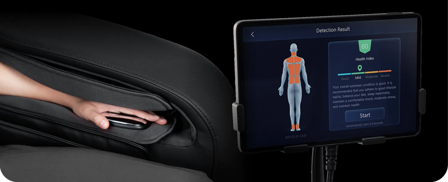 A hand adjusts the control panel on an Osaki 4D YogaFlex Massage Chair, while the touchscreen displays a body scan with health index results and recommendations.