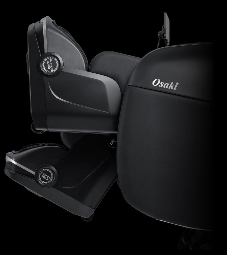 A close-up, angled view of the black Osaki 4D YogaFlex Massage Chair highlights its reclining seat, leg massager, visible rollers, and advanced SL-Track 4D Massage Mechanism for superior relaxation.