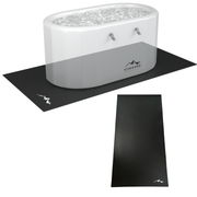 A white ice bath tub sits on the Icebound Essentials Performance Pad, which features a mountain logo in the corner. The heavy-duty pad, perfect for home gym equipment protection, is shown under the tub and separately in a top-down view.