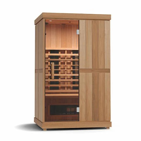 The Finnmark FD-2 Full-Spectrum Infrared Sauna by Finnmark is a wooden cabin with a glass door, wood paneling, and seating for one or two. It offers horizontal and vertical slats inside for back support and even heat—ideal as a home sauna.