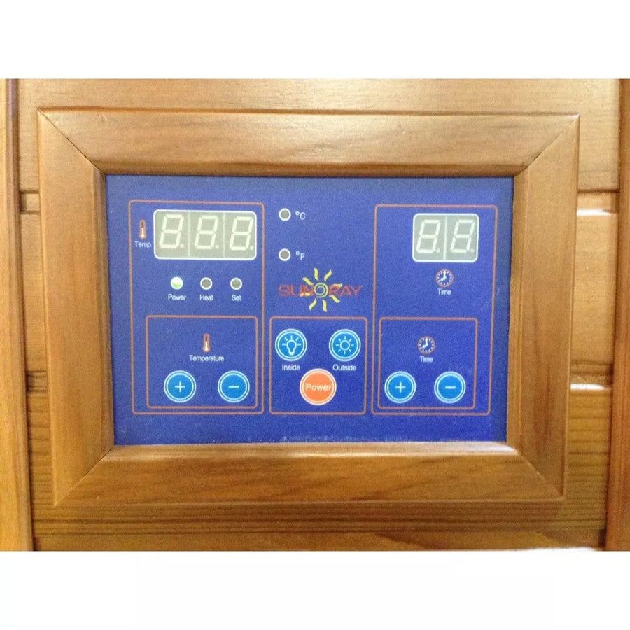 SunRay Bristol Bay 4-Person Indoor Corner Sauna 400KC with digital display panel, ergonomic backrests, and carbon heaters for even heat distribution.
